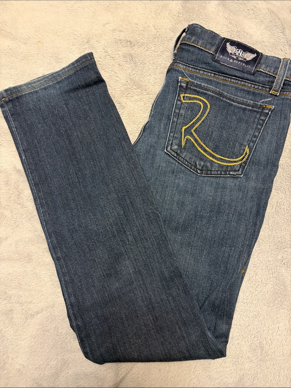 Rock & Republic Stella Women's Dark Blue Boot Cut Jeans with Yellow Stitching